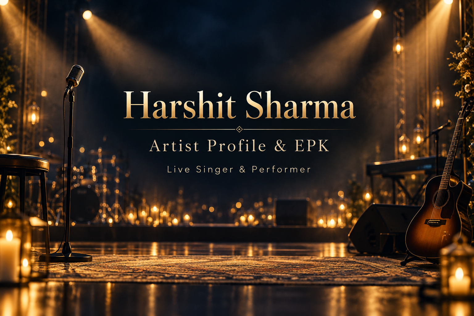Harshit Sharma Artist Profile and EPK banner featuring a premium live music stage with microphone, guitar and warm golden lighting.